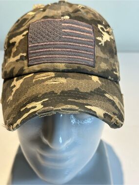 KBETHOS Distressed Camo Baseball Cap with Tonal Flag Patch - Olive